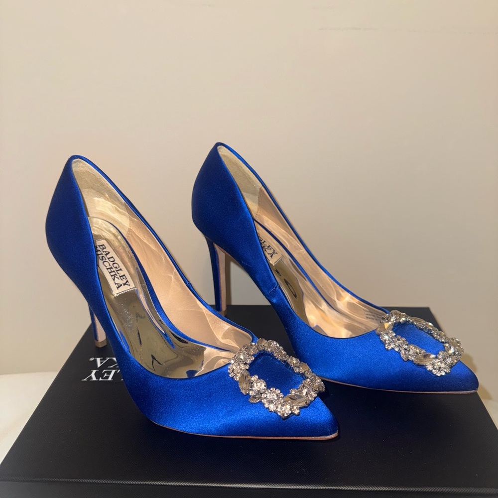 Blue Satin Heels with Embellished Buckle